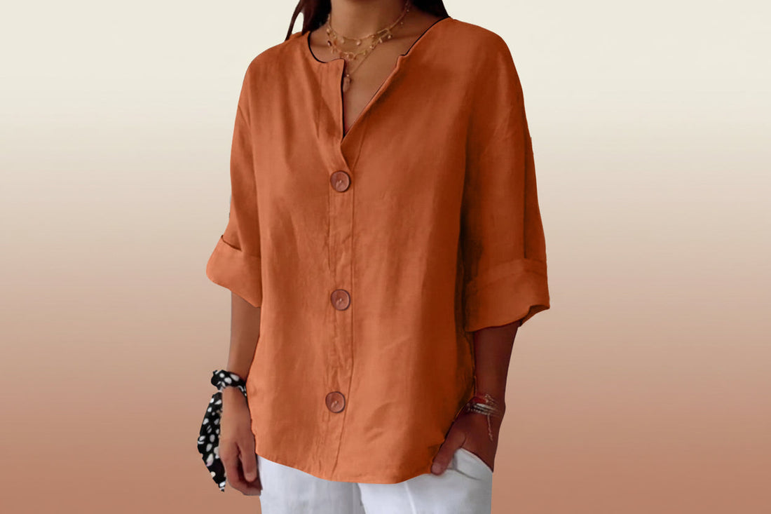 Women's V-Neck Cotton Linen Buttoned Blouse