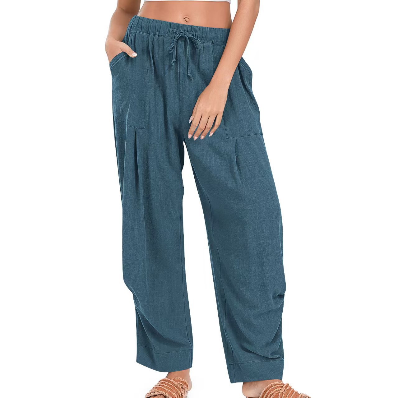 Women's Solid-Color Cotton-Linen Casual Loose Straight Pockets Lounge Pants With Drawstring See size chart under “more details”
