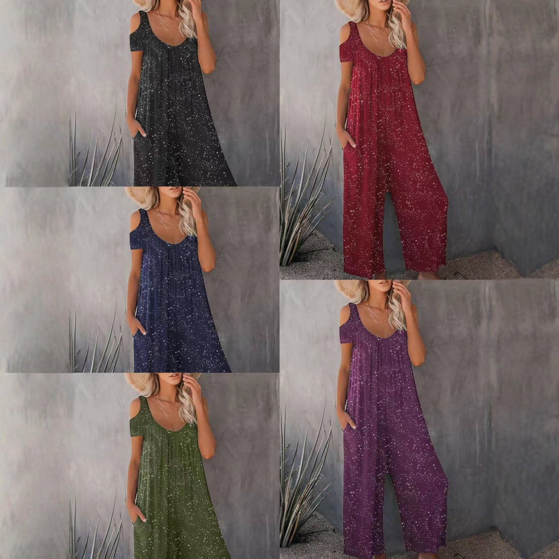 Fashionable Off-shoulder Sexy Powder-dusting Strap Jumpsuit With Long Pants