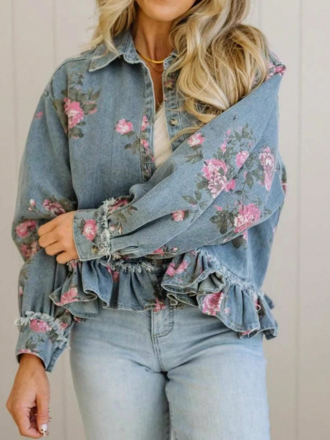 Women's Retro Floral Print Denim Jacket – Long Sleeve Collared Ruffled Hem Short Jacket
