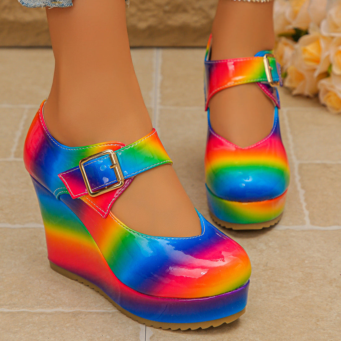 Colorful Round Toe Wedge Mary Jane Loafers