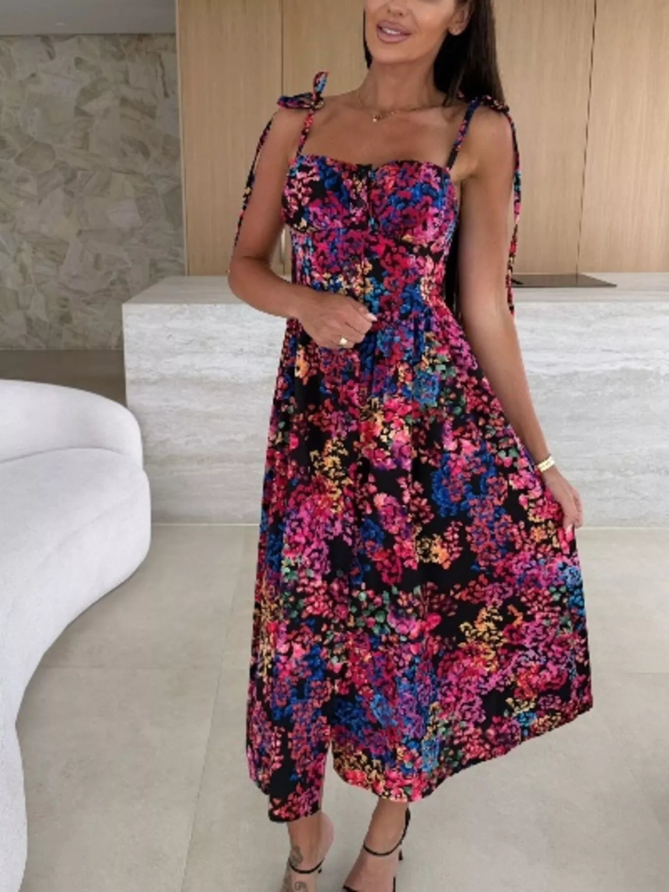 Women's Printed Tie-Strap Midi Dress