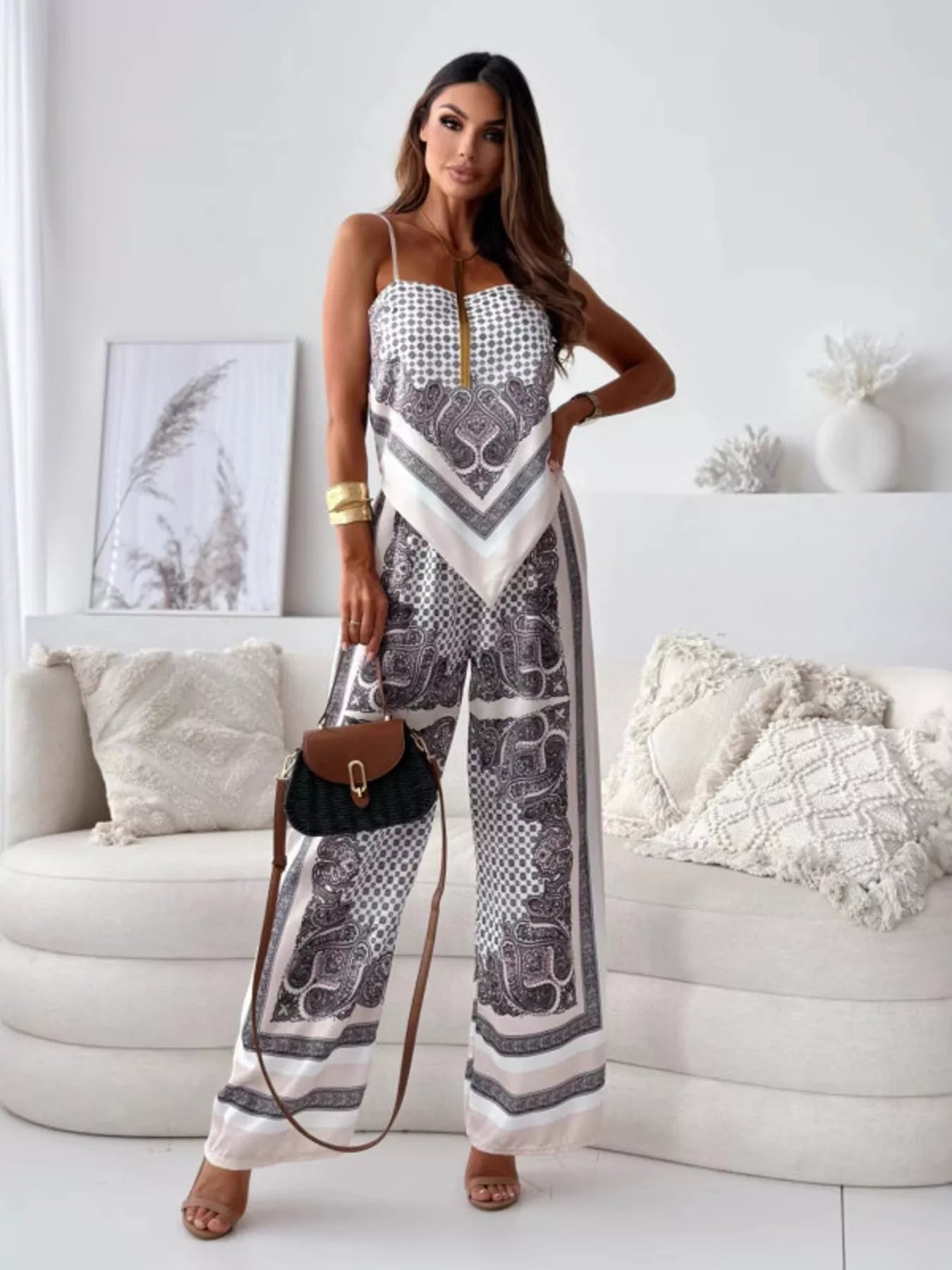 Women's Printed Cami and Wide Leg Pants Set