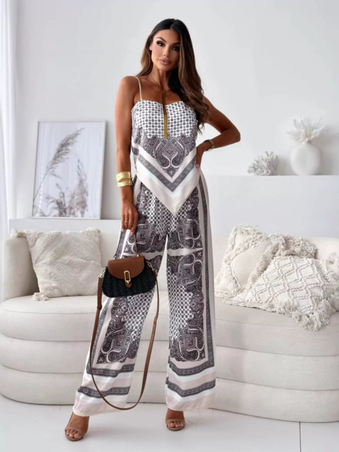 Women's Printed Cami and Wide Leg Pants Set