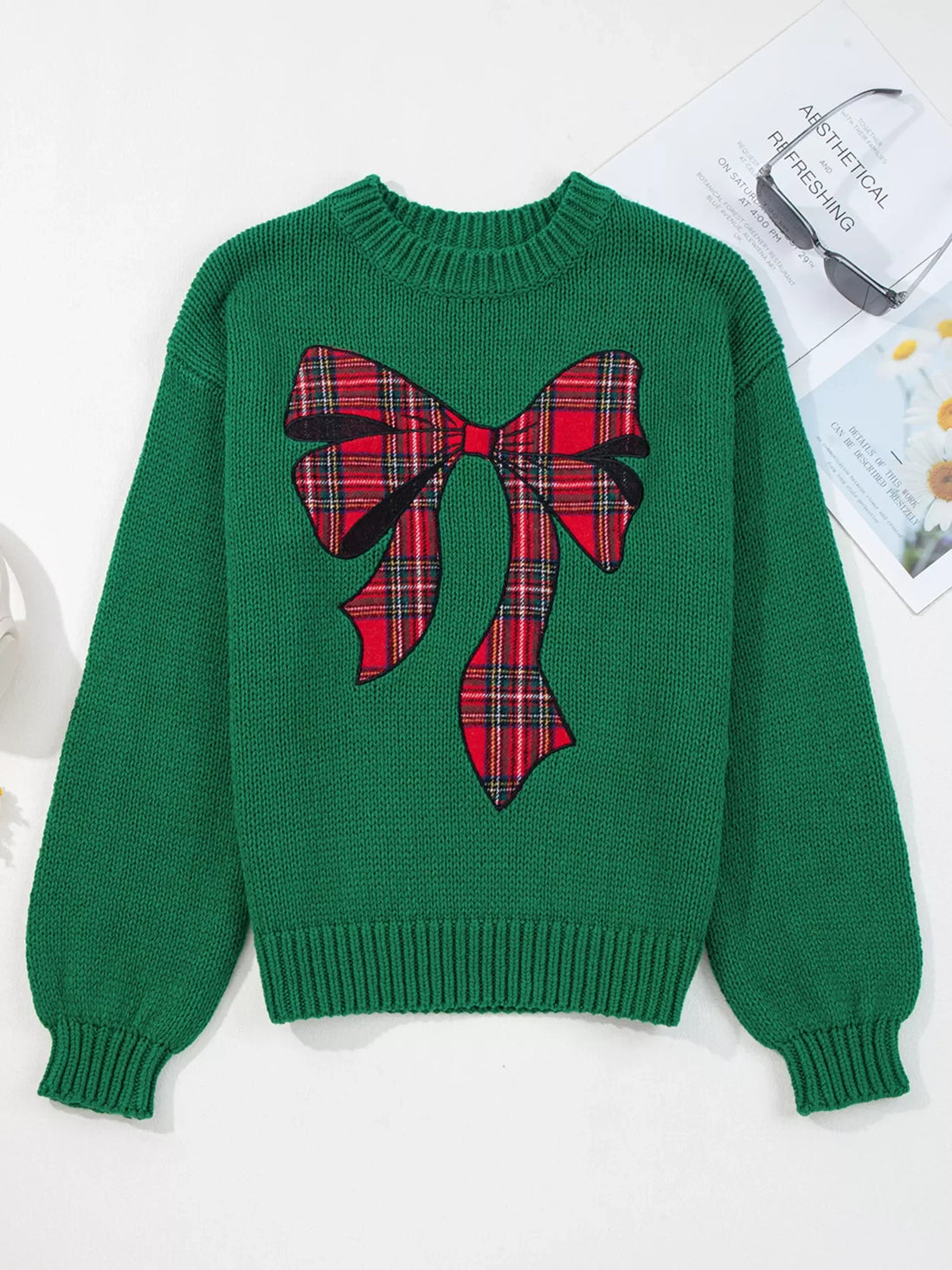 Plaid Bow Graphic Christmas Sweater