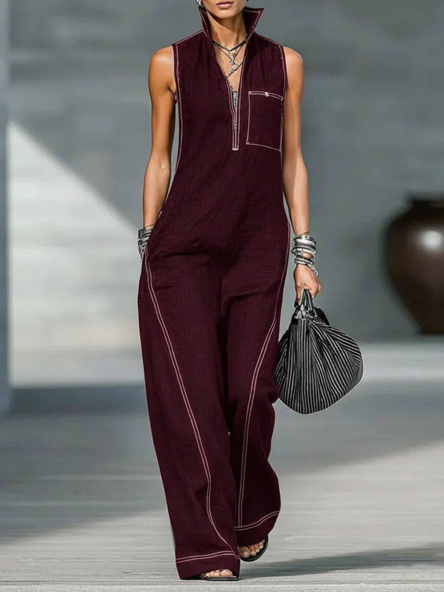 Women's Stand-up Collar Jumpsuit With Pockets Summer Fashion Casual Sleeveless Jumpsuit Trousers Women's Clothing