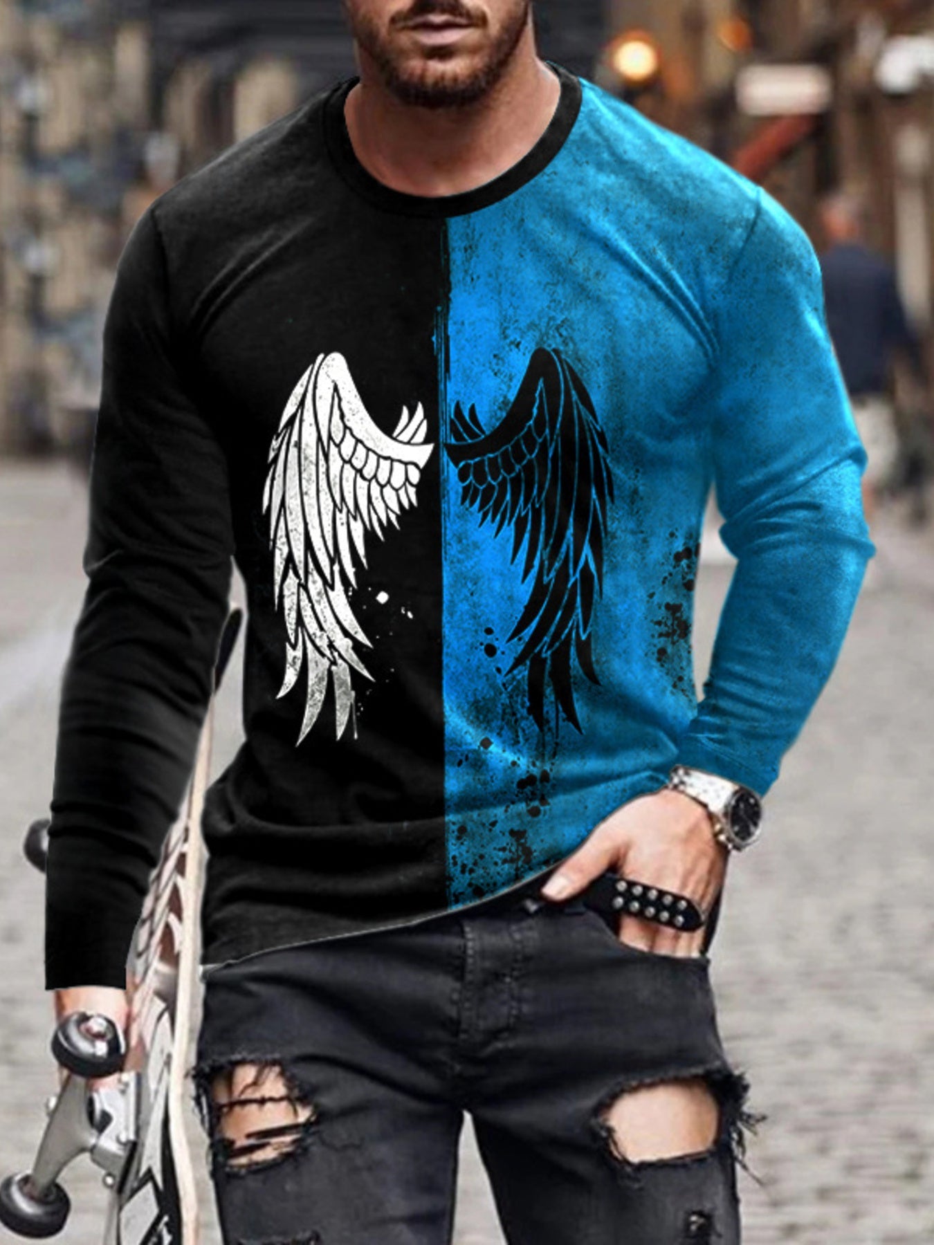 Men's Full Size Split-Color Wing Graphic Long-Sleeve T-Shirt Plus Size