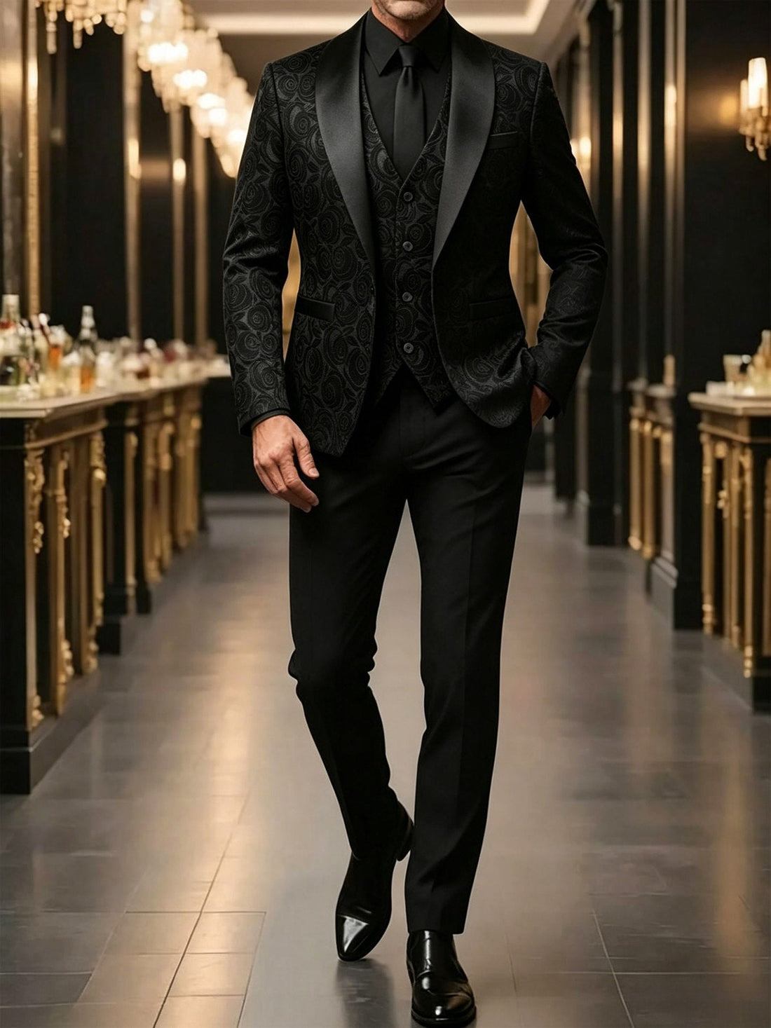 Mens Jacquard Formal Waistcoat Suit Three-piece Set