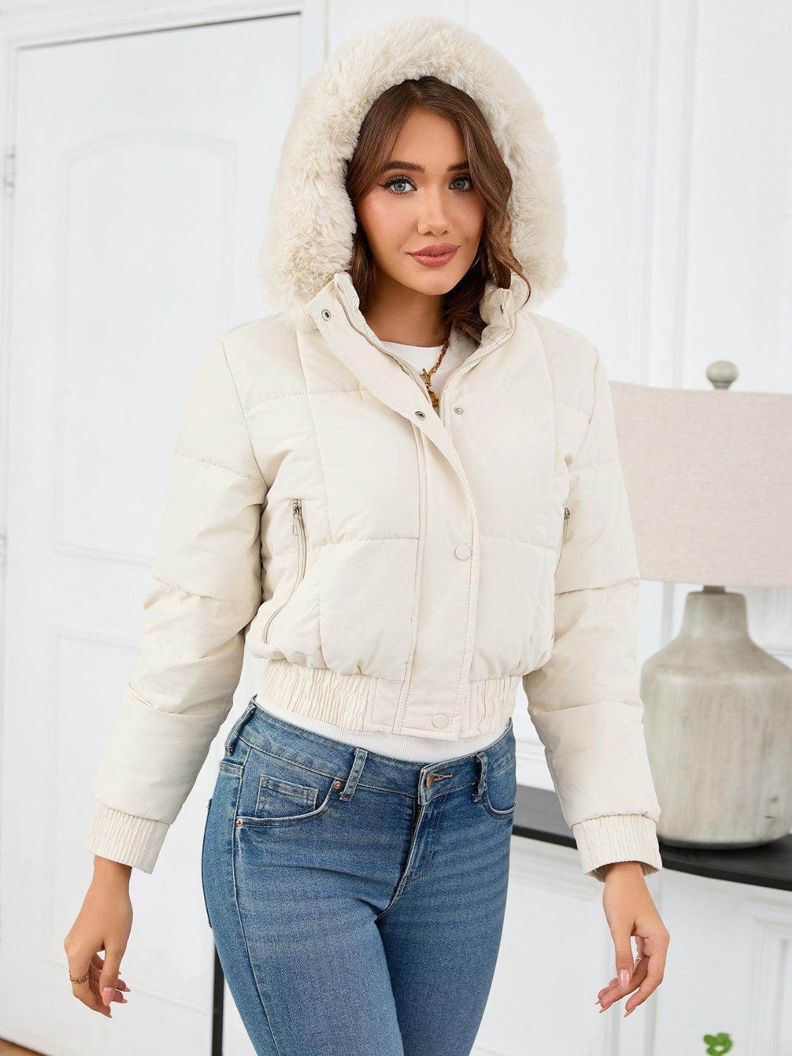 Pocketed Long Sleeve Cropped Hooded Winter Coat for Women