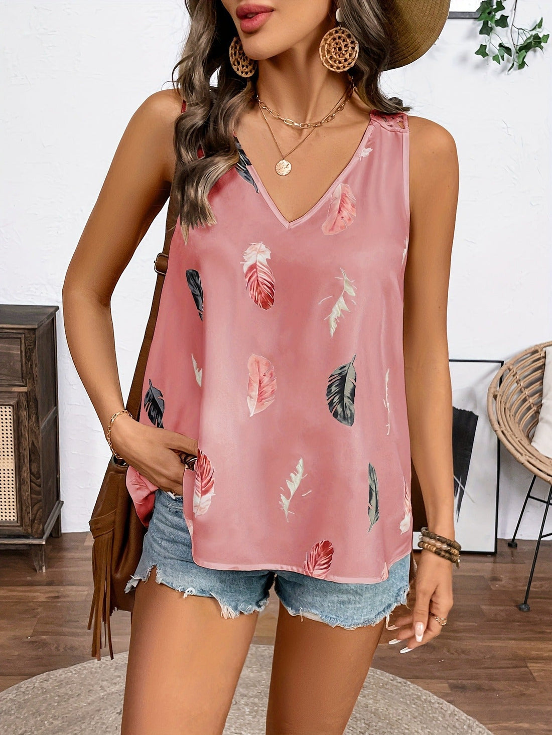 Women’s Feather Print V-Neck Camisole