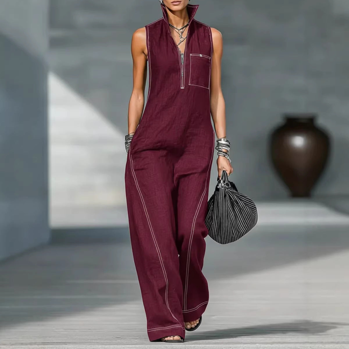 Women's Stand-up Collar Jumpsuit With Pockets Summer Fashion Casual Sleeveless Jumpsuit Trousers Women's Clothing