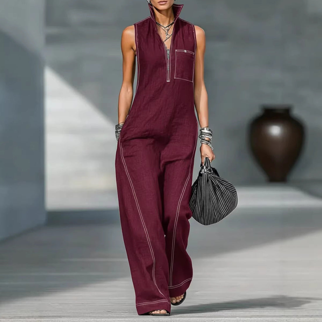 Women's Stand-up Collar Jumpsuit With Pockets Summer Fashion Casual Sleeveless Jumpsuit Trousers Women's Clothing