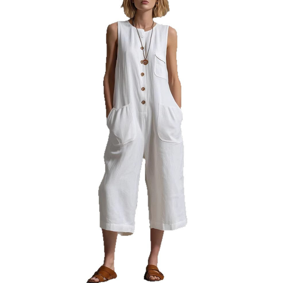Women's Retro Sleeveless Cotton-Linen Wide-Leg Cropped Jumpsuit