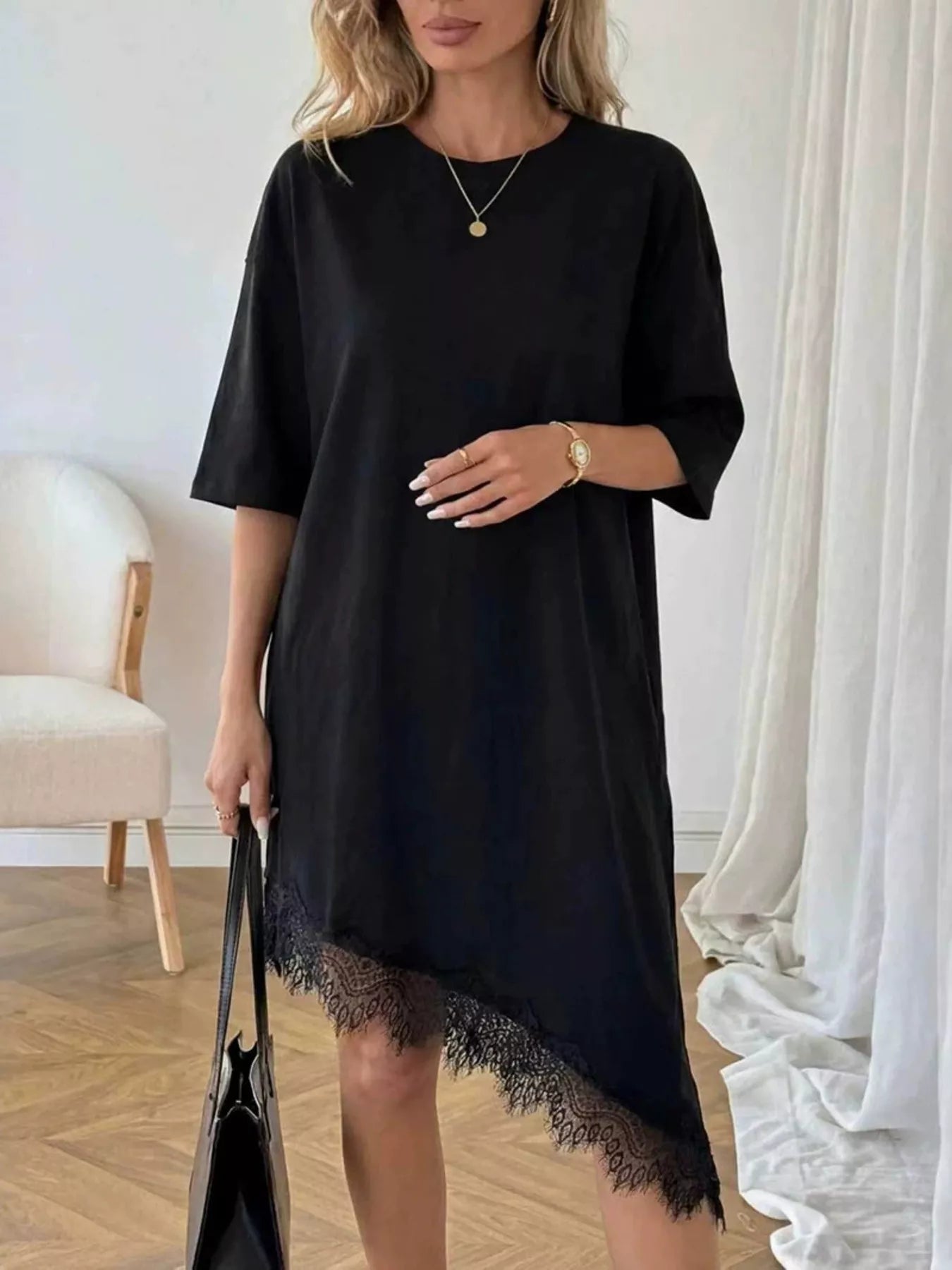 Women's Lace Trim Asymmetrical Hem T-shirt Dress