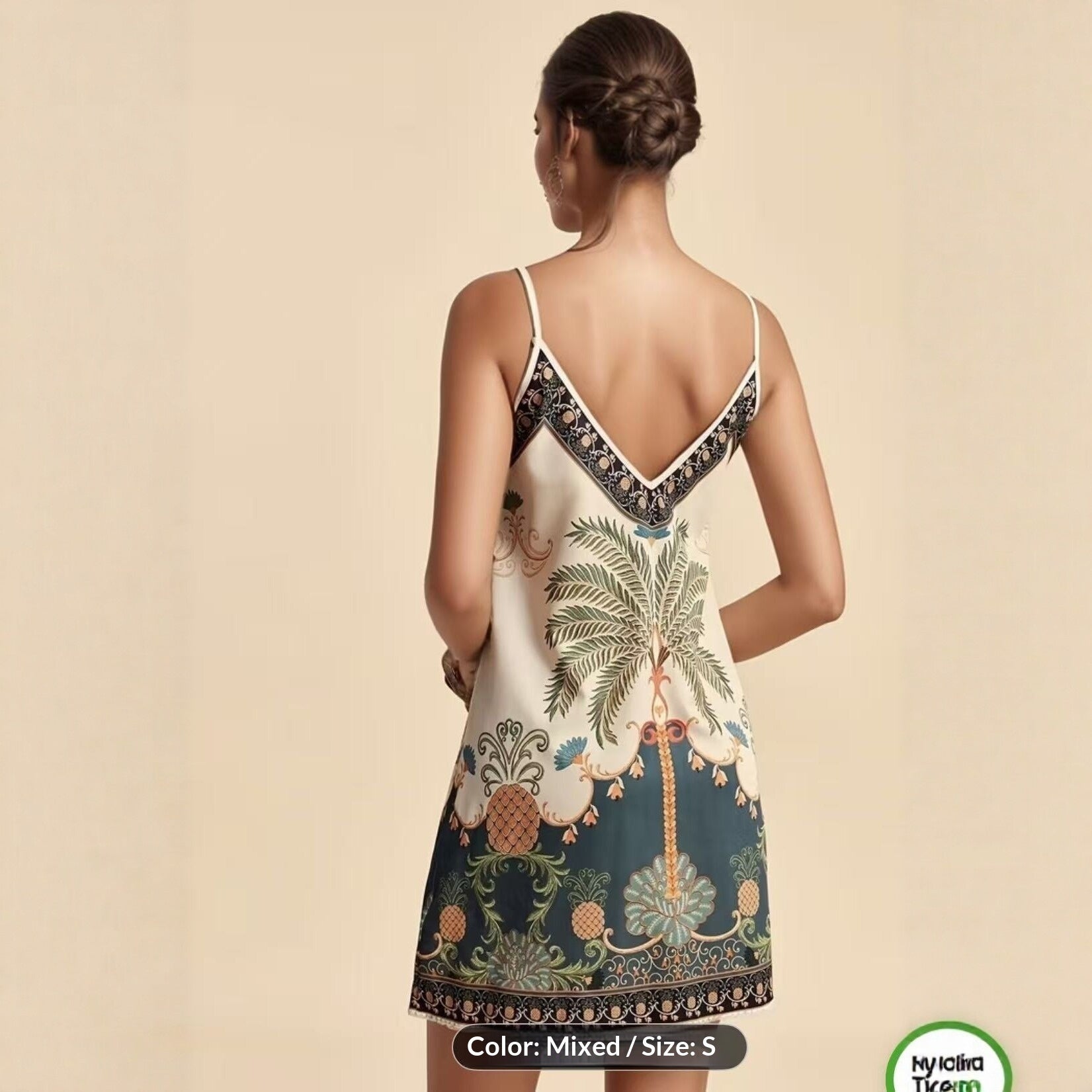 Women's European and American-Style Tropical Print V-Neck Slip Dress
