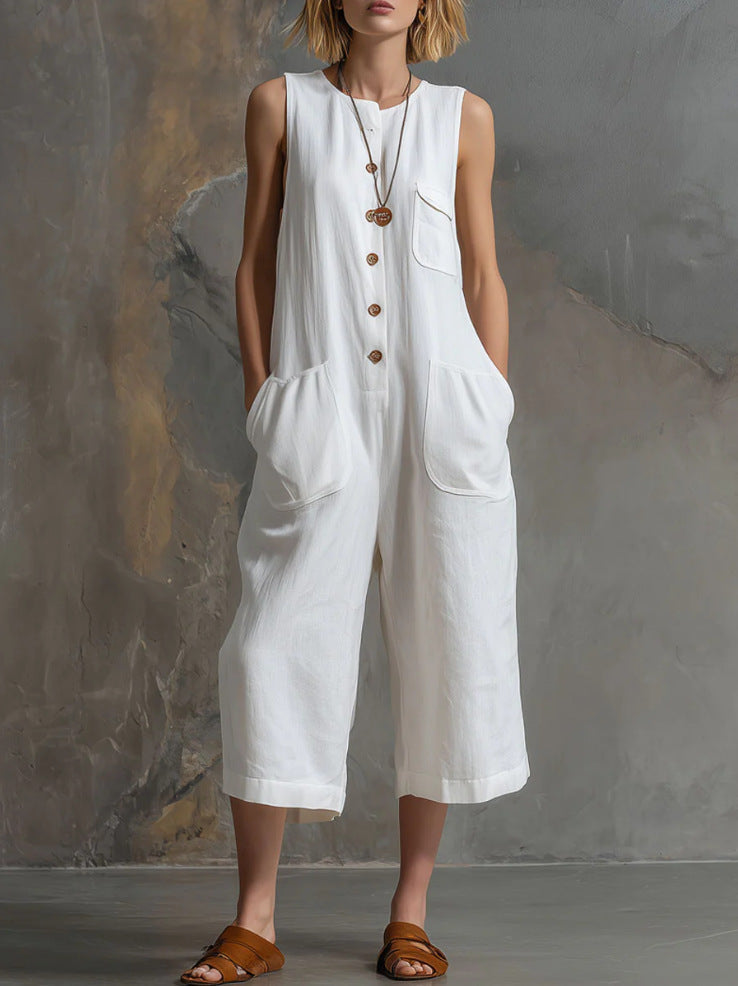 Women's Retro Sleeveless Cotton-Linen Wide-Leg Cropped Jumpsuit