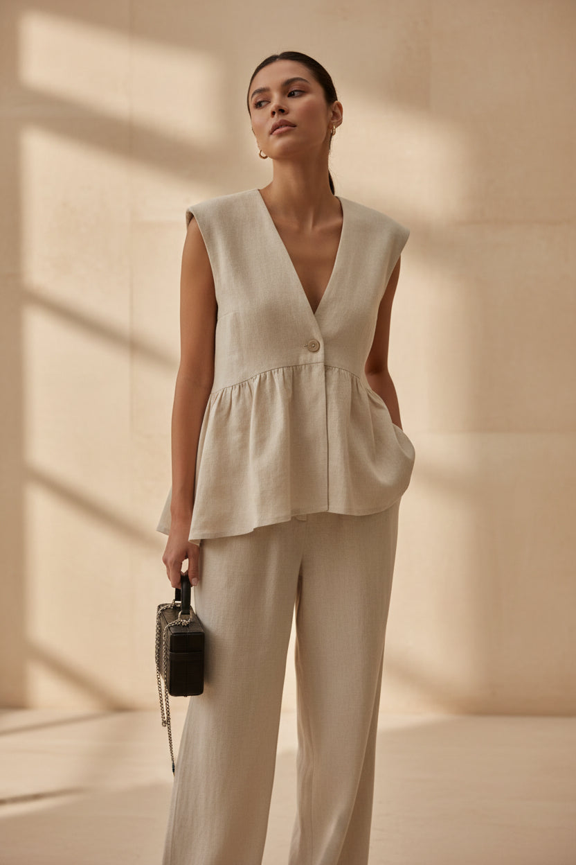 Women’s Cotton V-Neck Sleeveless Vest and Wide-Leg Pants Set
