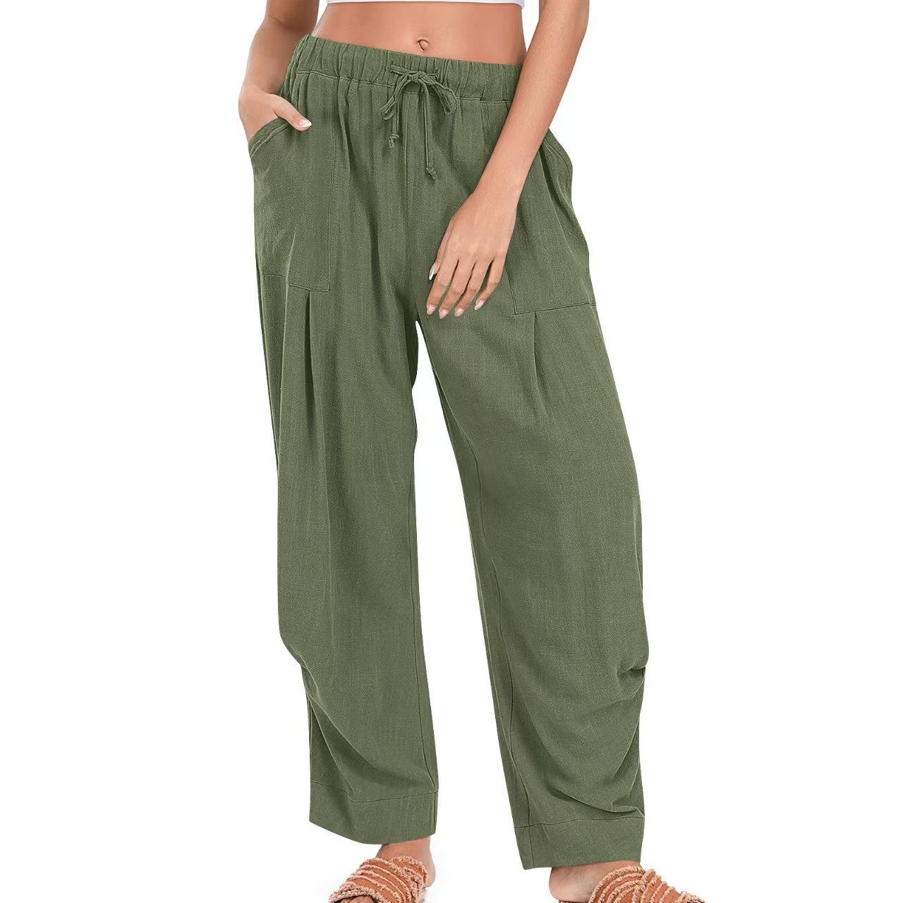 Women's Solid-Color Cotton-Linen Casual Loose Straight Pockets Lounge Pants With Drawstring See size chart under “more details”