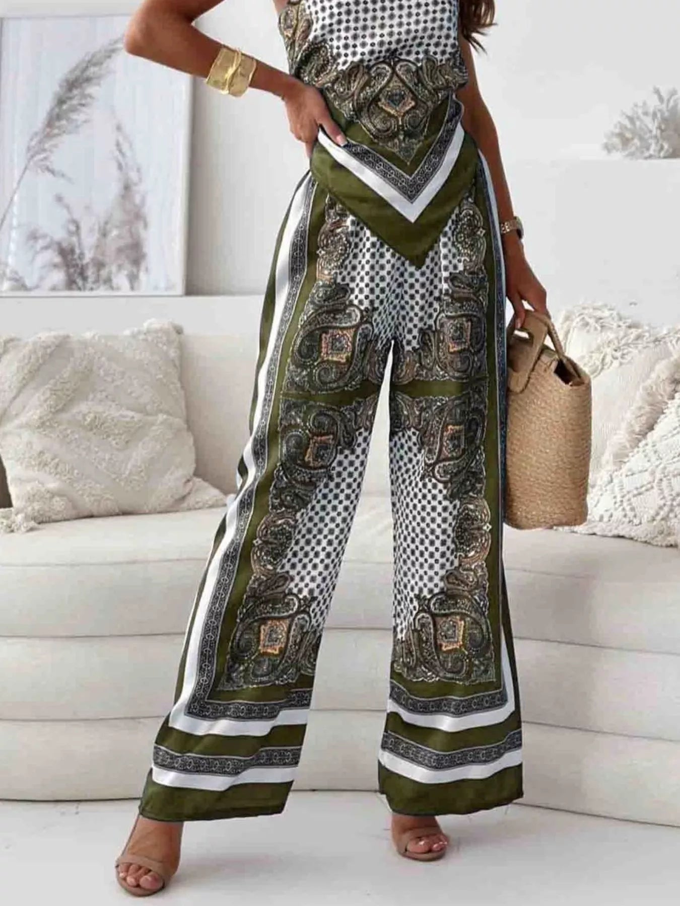 Women's Printed Cami and Wide Leg Pants Set