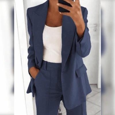 Ins Button Casual Suit Fashion Long-sleeved Lapel Blazer Jacket And Slim-fit Pocket Trousers For Women Clothing