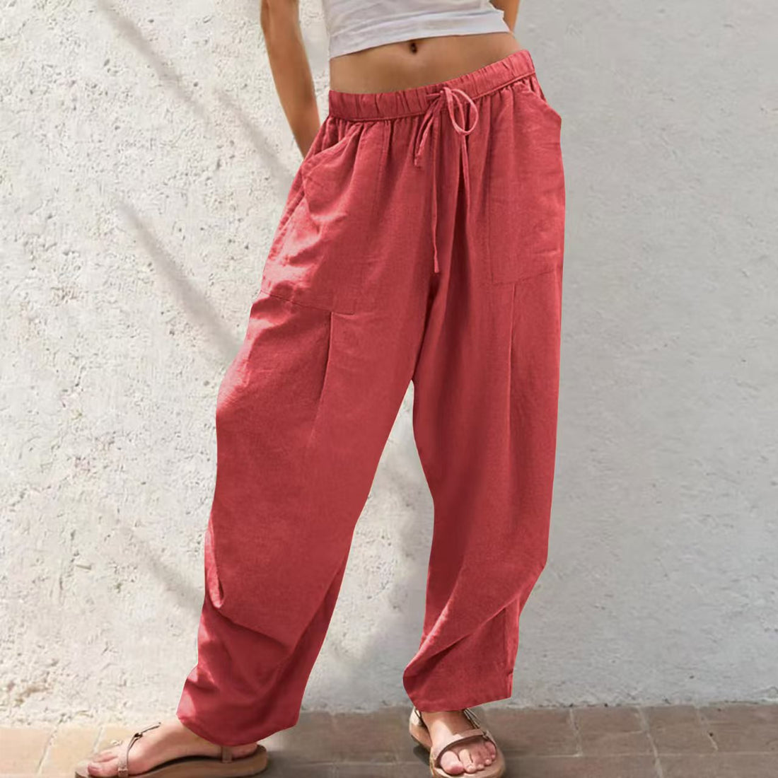 Women's Solid-Color Cotton-Linen Casual Loose Straight Pockets Lounge Pants With Drawstring See size chart under “more details”
