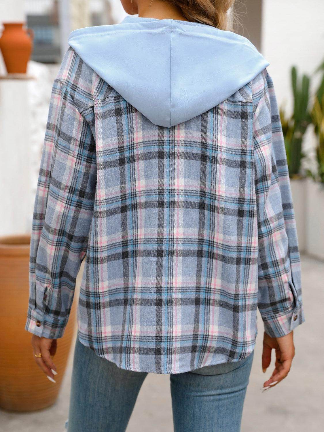 Plaid Long Sleeve Hooded Jacket for Women with Pockets