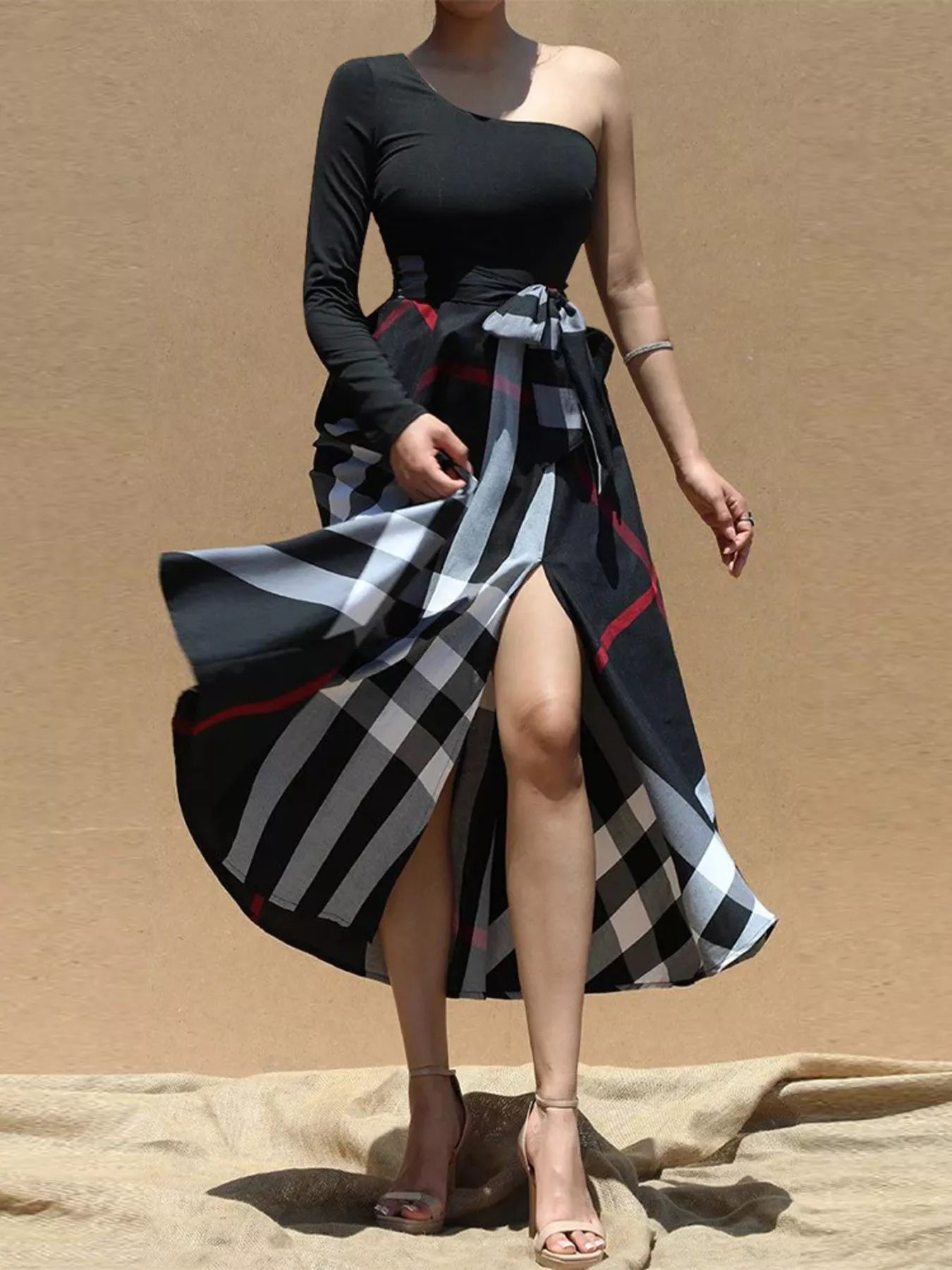 Women's Asymmetrical One-Sleeve Plaid Midi Dress with Waist Tie