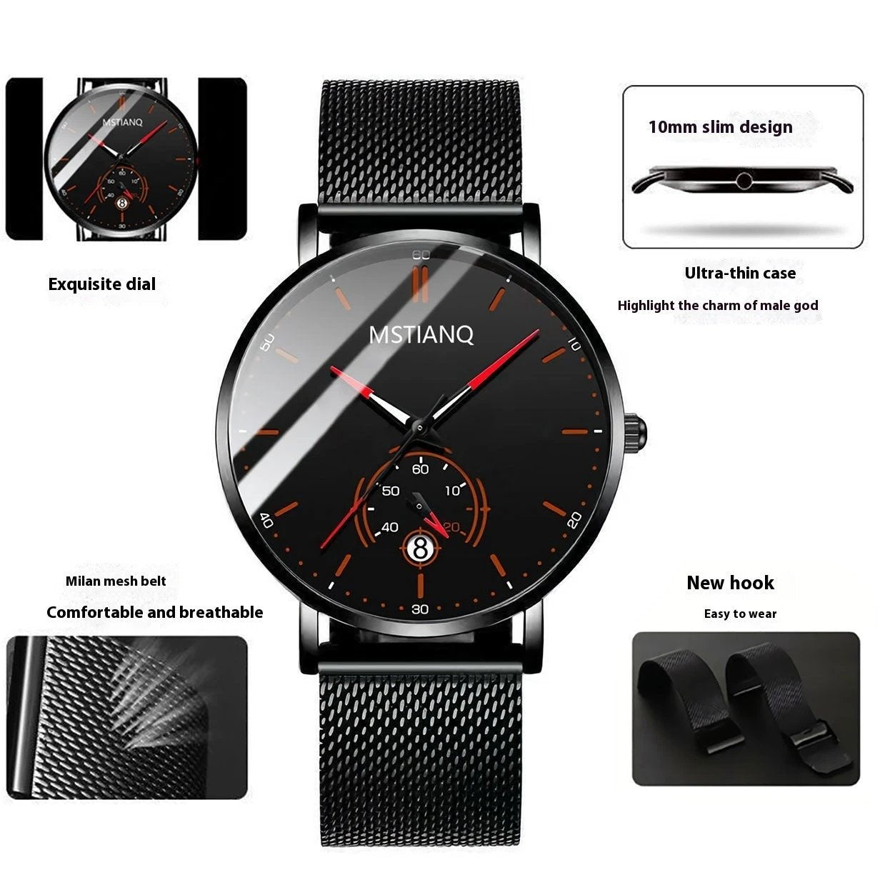 Stylish Black Technology Belt Refined Steel Casual Calendar Watch