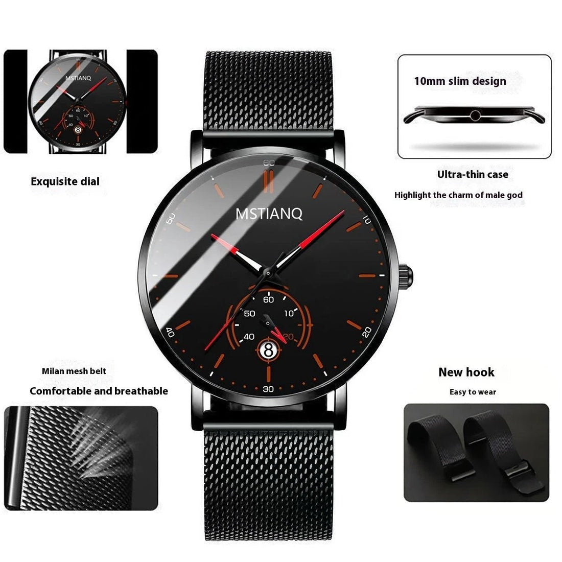 Stylish Black Technology Belt Refined Steel Casual Calendar Watch
