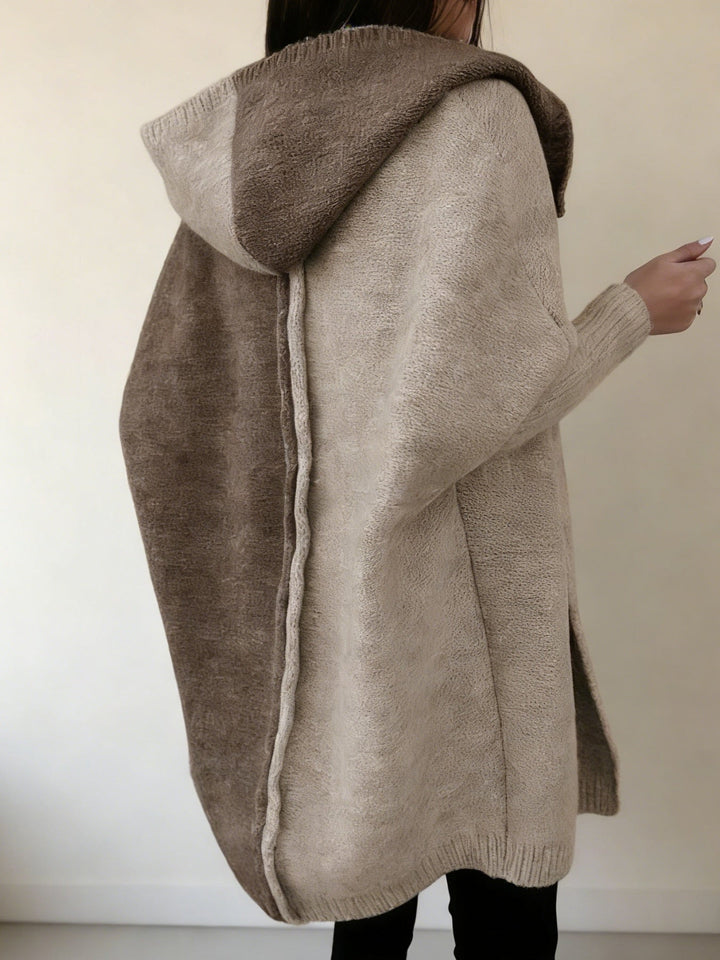 Women’s Color Block Hooded Knitted Cardigan – Plus Size Mid-Length Sweater Coat