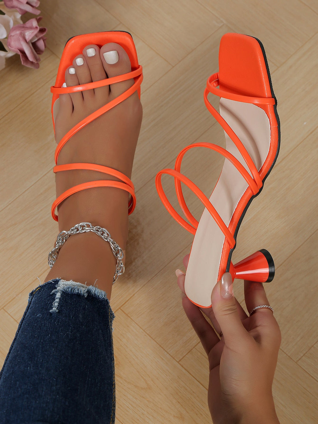 Thin-Strap Square-Toe Chunky Heel Open-Toe Sandals