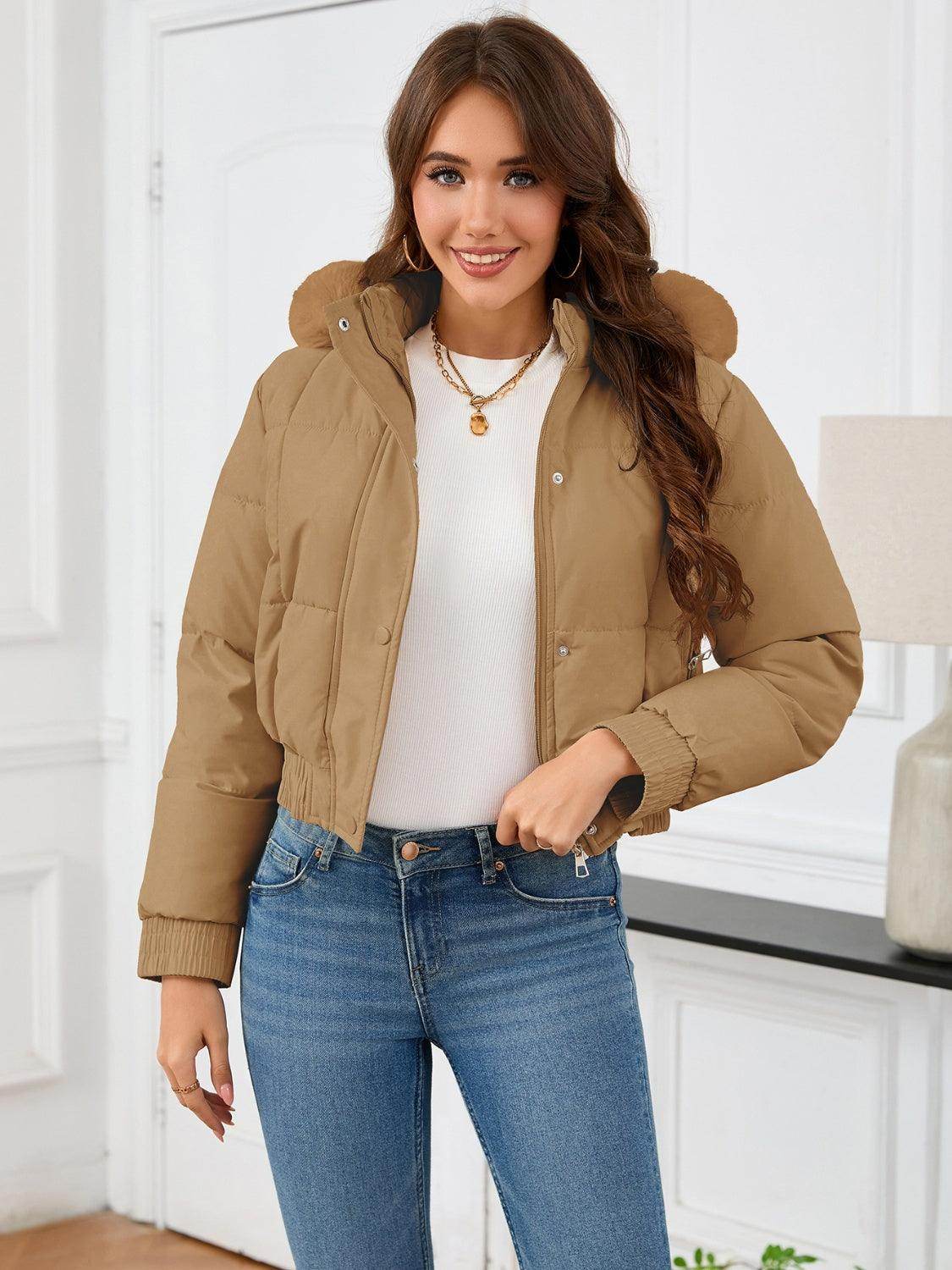 Pocketed Long Sleeve Cropped Hooded Winter Coat for Women