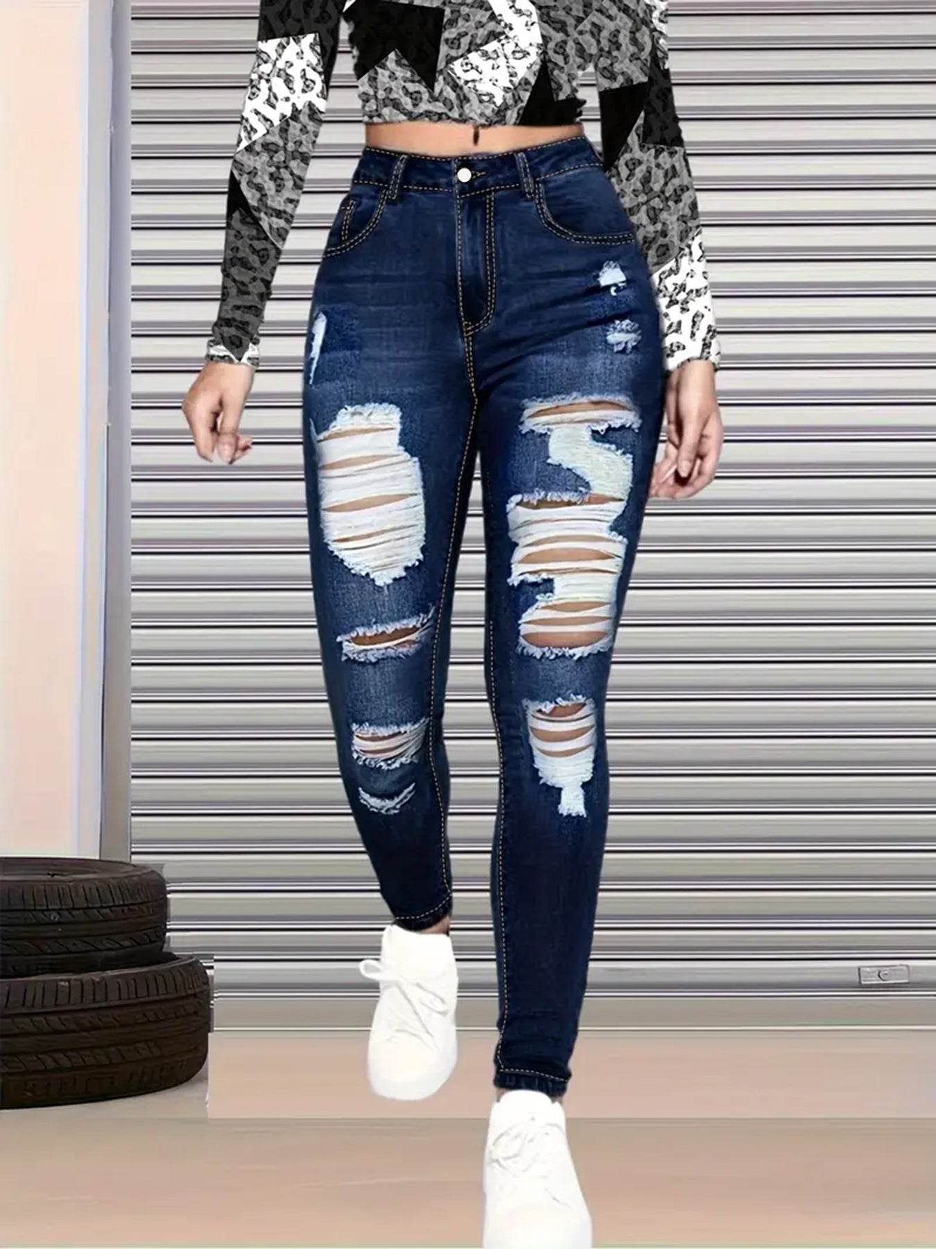 New High Waisted, Hip Lifted, Tight Fitting Women's Jeans With A Ripped Nine Quarter Cut, Suitable For Minimalist Fashion In Summer See size chart under “more details”