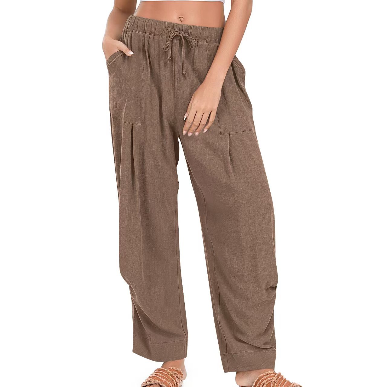 Women's Solid-Color Cotton-Linen Casual Loose Straight Pockets Lounge Pants With Drawstring See size chart under “more details”