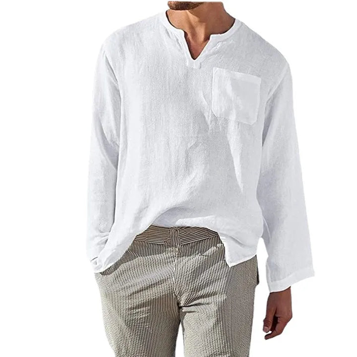 Men's Full Size Casual Notched Linen Long Sleeve Top Plus Size