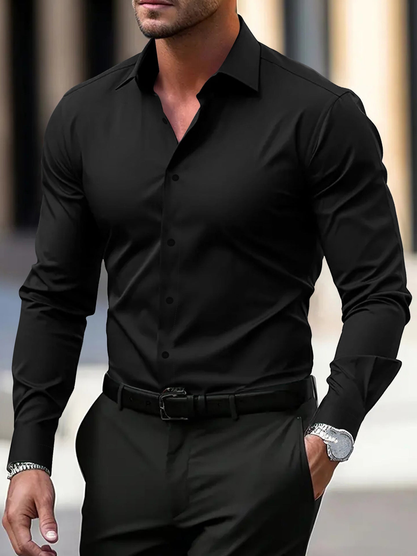 Men's Shirt Business Button Down Shirt Summer Solid Color Long Sleeve Lapel Vacation Shirt Fashion Temperament Casual Tops