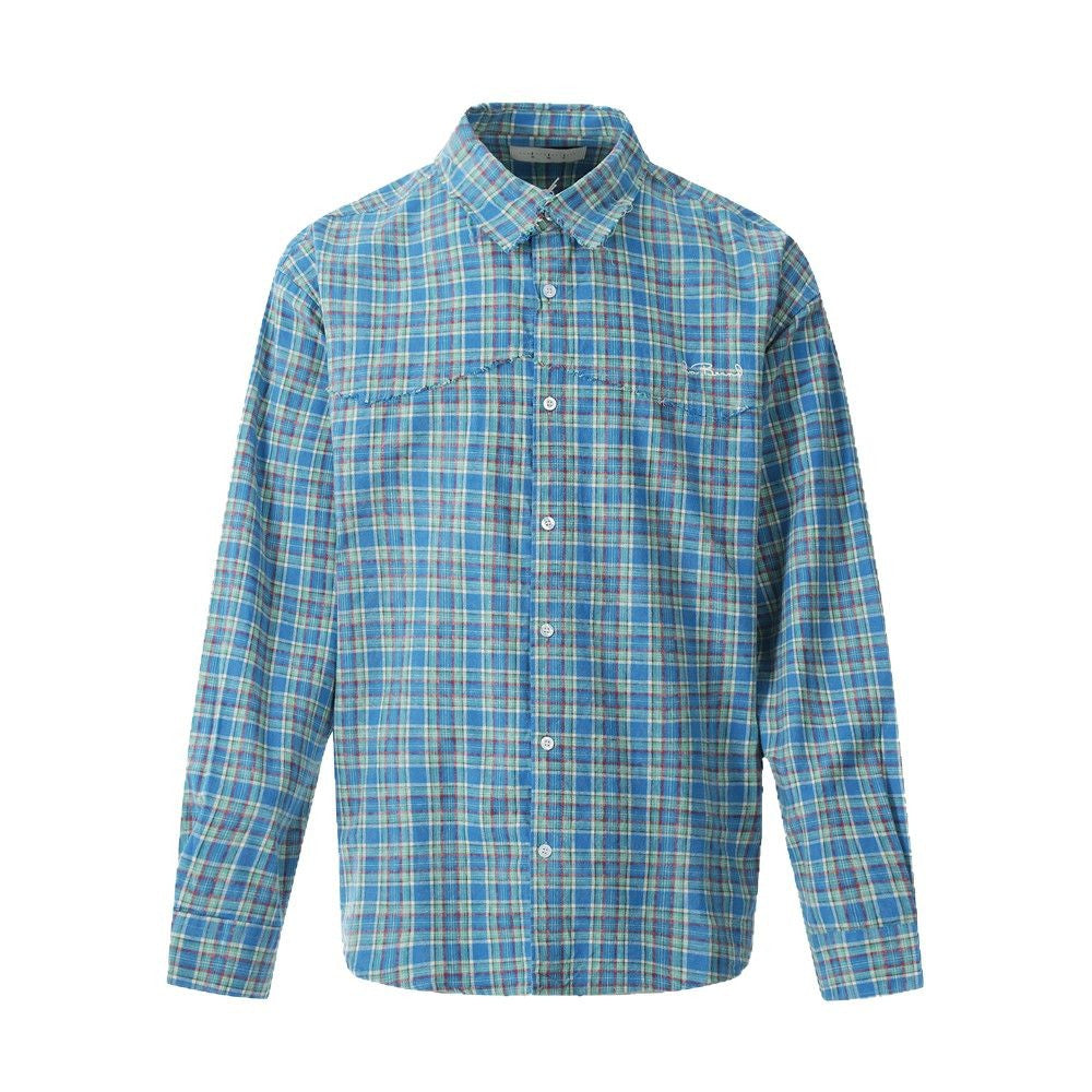 Men’s Plaid Long Sleeve Loose Casual Frayed Spliced Shirt