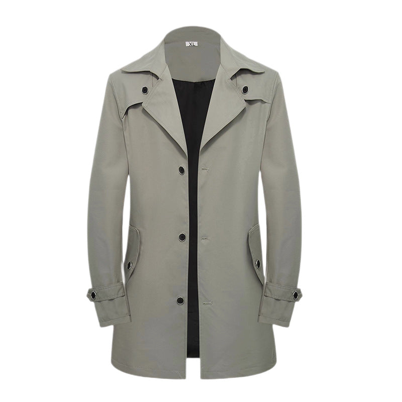 Men's Mid-Length Trench Coat - European American Style Solid Color Single-Breasted Casual Jacket for Daily Wear