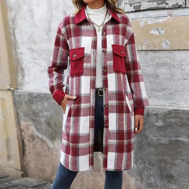 Brushed Plaid Long Coat with Pockets - Women's Winter Jacket