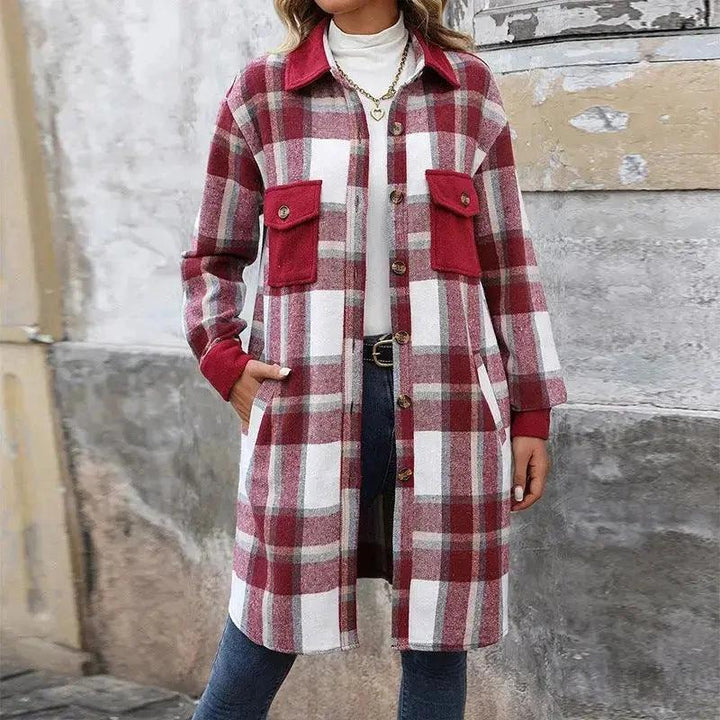 Brushed Plaid Long Coat with Pockets - Women's Winter Jacket