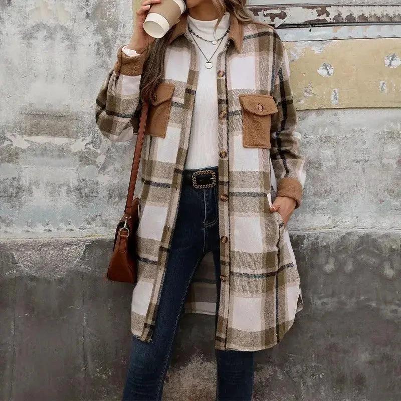 Brushed Plaid Long Coat with Pockets - Women's Winter Jacket