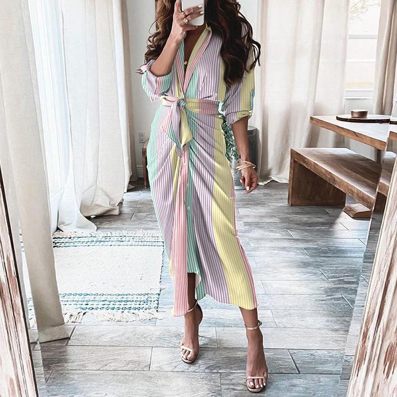Mandotos European And American Print Long Sleeve Laceup Button Front Shirt Dress