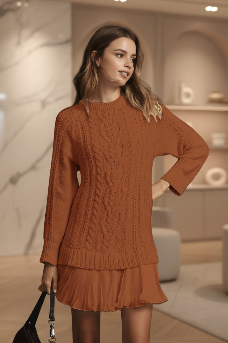 Cable Knit Sweater | Oversized Round Neck Pullover
