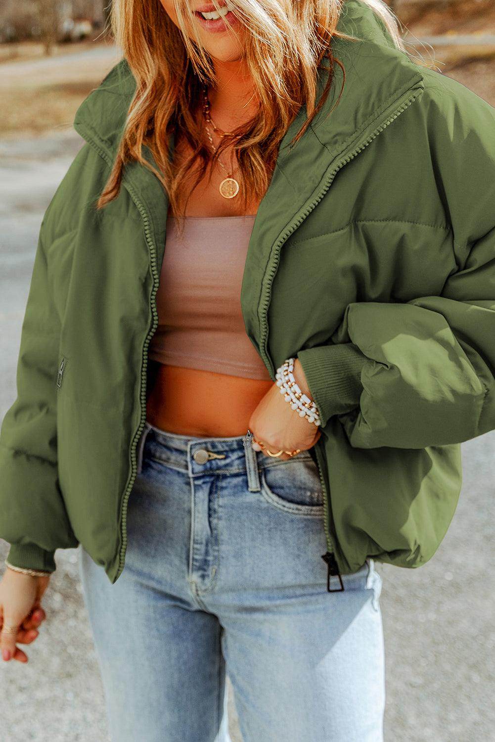 Zip Up Collared Neck Coat with Pockets for Women