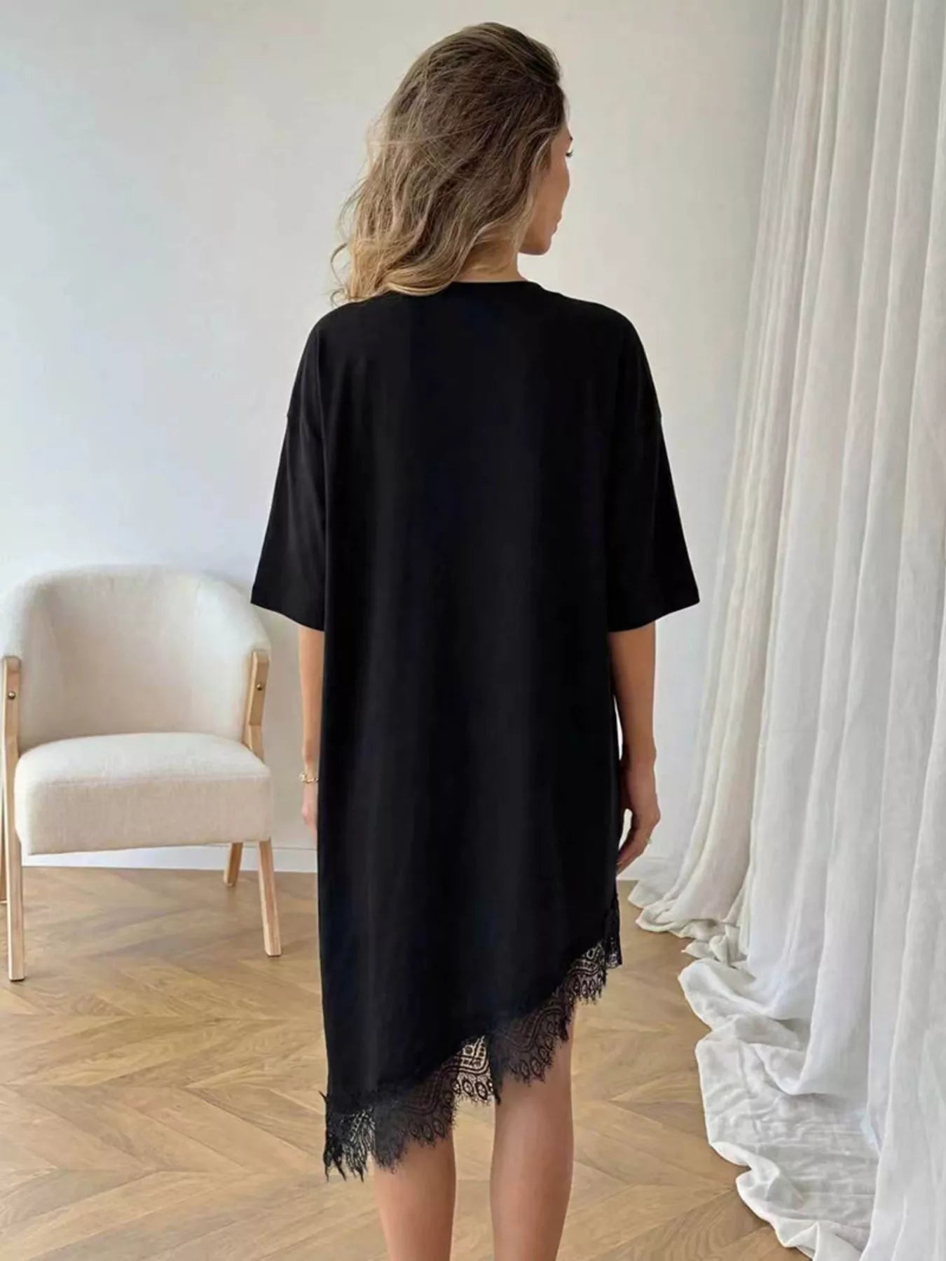 Women's Lace Trim Asymmetrical Hem T-shirt Dress