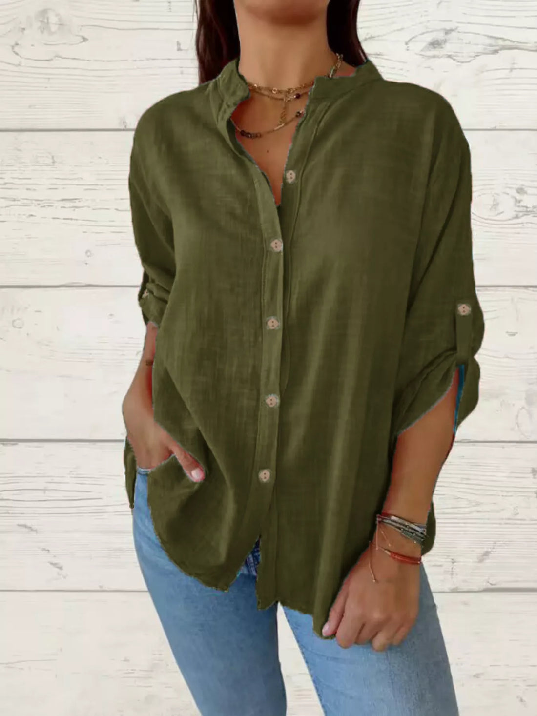 Women's Full Size Casual Button-Down Roll-Up Sleeve Shirt Plus Size