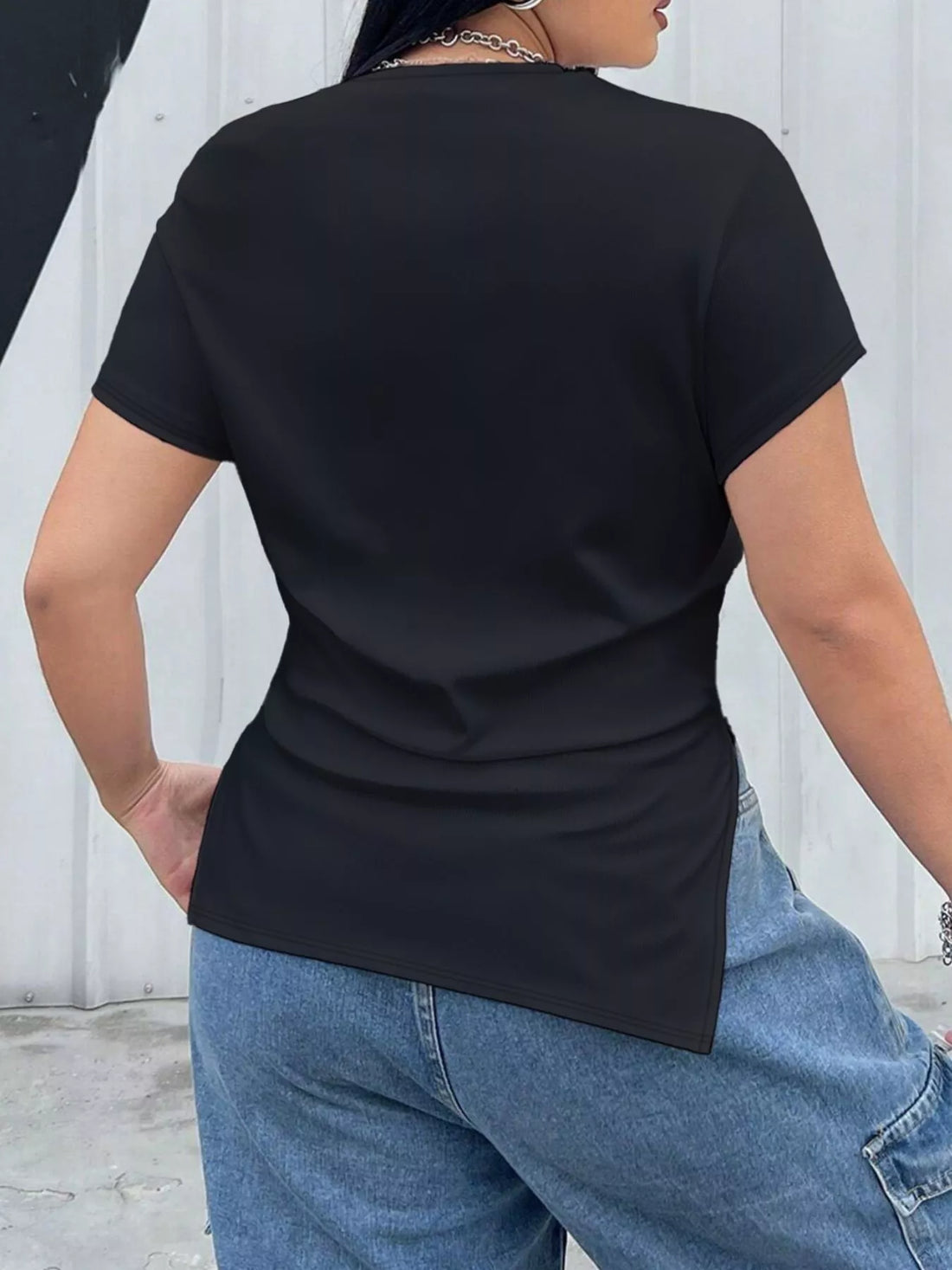 Plus Size Ruched Round Neck Short Sleeve T-Shirt See size chart under “more details”
