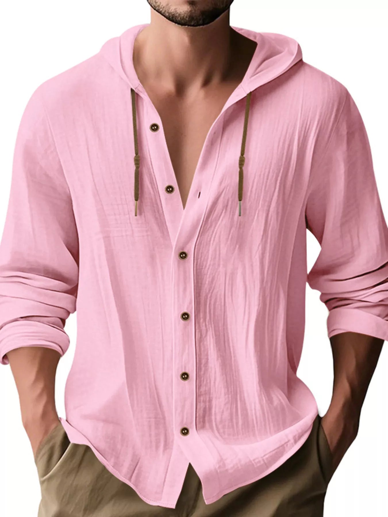 Men's Full Size Drawstring Button Up Hooded Shirt Plus Size