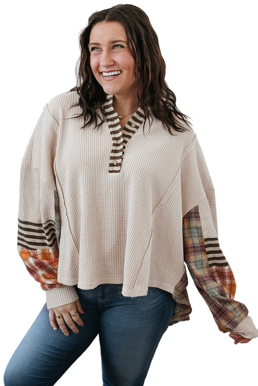 Women's Parchment Plus Size Waffle Striped Plaid Patchwork Henley Pullover