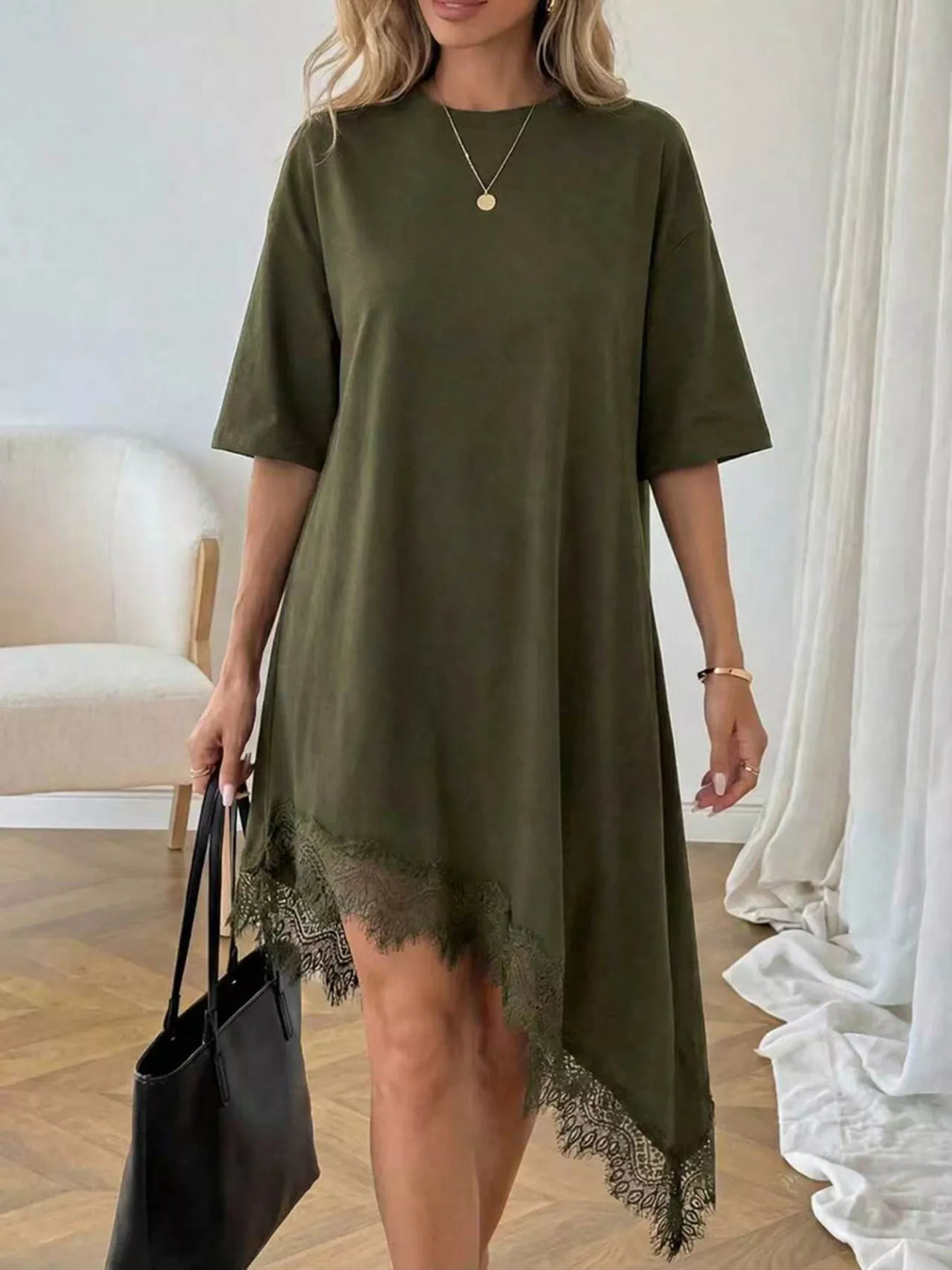 Women's Lace Trim Asymmetrical Hem T-shirt Dress